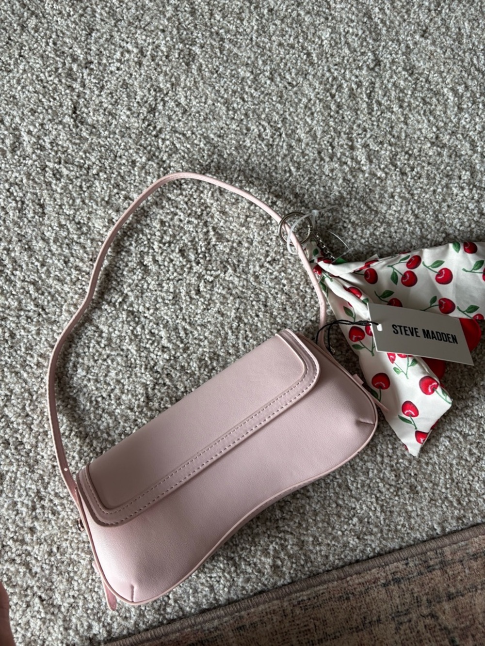 Steve Madden Pale Pink Shoulder Bag with Cherry-Print Scarf - Picture 2 of 4